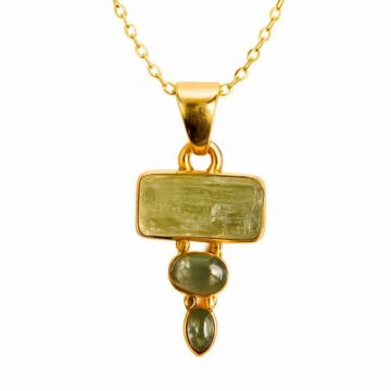 Echilibru si Vindecare Emotionala ,   Colier inox si pandantiv argint 925 placat cu aur de18k si Triplu Kyanit Verde