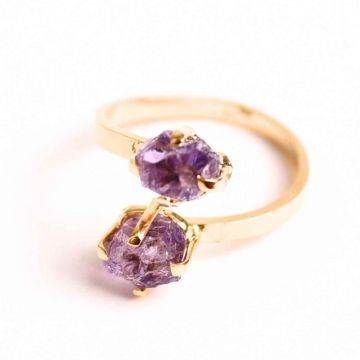 Inel Ajustabil Argint 925 placat cu Aur 18K si Dublu Ametist ,   Calm si Protectie Energetica