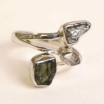 Inel ajustabil din argint 925 cu tripla piatra naturala Moldavit, Diamant Pakimer si Meteorit Campo del Cielo