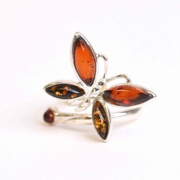 Inel Argint 925 cu Chihlimbar Natural in Forma de Fluture ajustabil ,   Renastere si Energie Solara