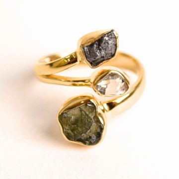 Inel argint 925 placat cu aur de 18k cu Moldavit, Meteorit si Diamant Pakimer marime 50 5 ,   Putere cosmica si claritate