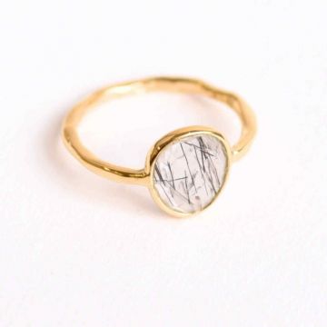 Inel cu Cuart Turmalina Fatetat din Argint 925 placat cu Aur de 18K 1.68 gr M58.5 8.5,   Protectie Energetica si Claritate Interioara