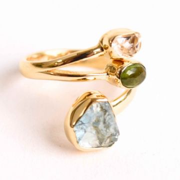 Inel din Argint 925 placat cu Aur de 18K cu Acvamarin, Diamant Herkimer si Turmalina Verde 3.92 gr M55   7,   Claritate, Vitalitate si Protectie Energetica