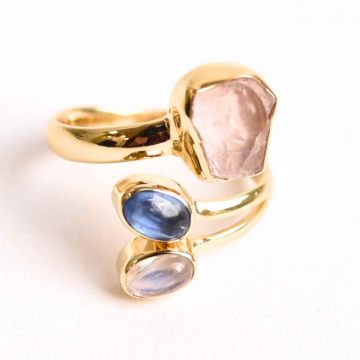Inel din Argint 925 placat cu Aur de 18K cu Kianit Albastru, Cuart Roz si Piatra Lunii 3.68gr M 52 6,   Armonie Interioara, Claritate si Deschidere Emotionala