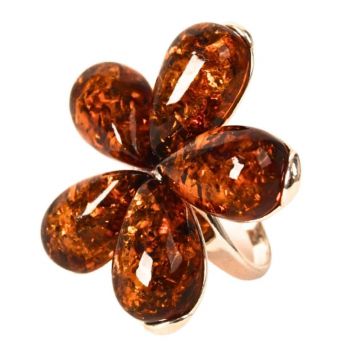Inel floare din argint 925 cu chihlimbar natural ,   Floare a caldurii interioare