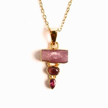 Iubire si Armonie Interioara ,   Colier inox si pandantiv argint 925 placat cu aur de18k si Triplu Turmalina Roz