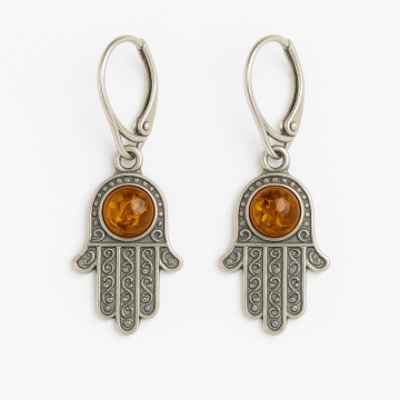 Mana protectiei blande ,   Cercei cu Mana Fatimei si chihlimbar in montura argint 925