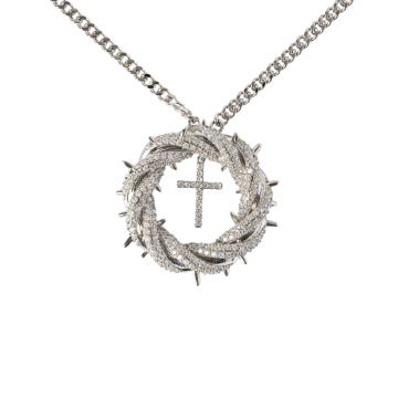 Protectie si Credinta ,   Colier Cruce cu Zirconiu si Coroana Circulara, Placat Argintiu