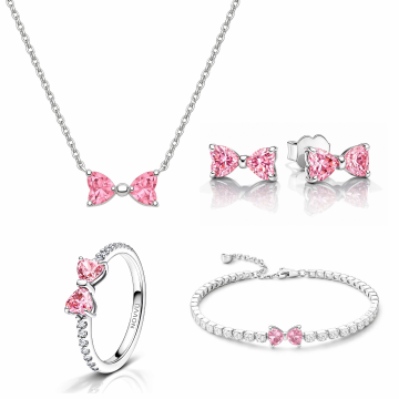 Set bijuterii Inel,Cercei,Bratara si Colier Pink Bow - 48