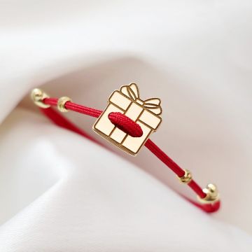 Brățara Cutie de cadou - Șnur rosu Gros si 2 bilute de 3 mm - Argint 925 placat cu Aur Galben 18K