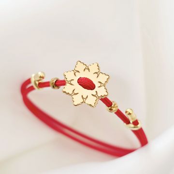 Brățara Fulg de zapada - Șnur rosu Gros si 2 bilute de 3 mm - Argint 925 placat cu Aur Galben 18K