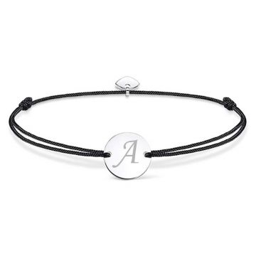 Bratara ajustabila, cu banut rotund si inima, argintiu, gravat litera A, snur negru