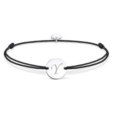 Bratara ajustabila, cu banut rotund si inima, argintiu, gravat litera Y, snur negru