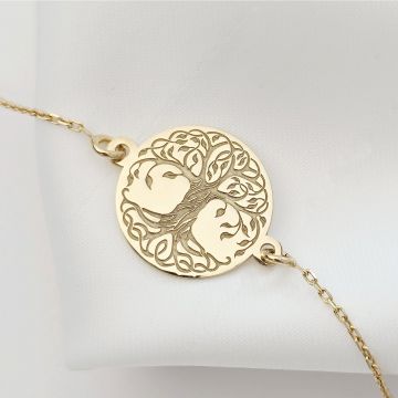 Bratara banut cu copacul vietii gravat - Argint 925 placat cu Aur Galben 18K si lantisor