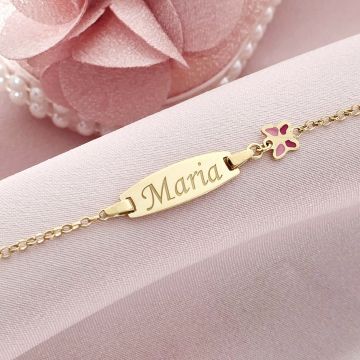 Bratara bebe - Placuta cu nume - Fluturas colorat si lantisor - Argint 925 placat cu Aur Galben 18K