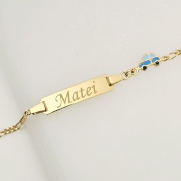 Bratara bebe - Placuta cu nume - Masinuta colorata si lantisor - Argint 925 placat cu Aur Galben 18K