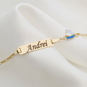 Bratara bebe - Placuta cu nume - Simbol barcuta colorata si lantisor - Argint 925 placat cu Aur Galben 18K