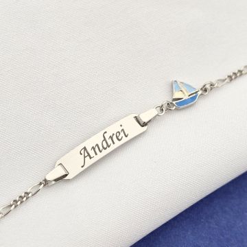 Bratara bebe - Placuta cu nume - Simbol barcuta colorata si lantisor - Argint 925