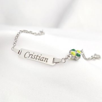 Bratara bebe - Placuta cu nume - Trifoi colorat si lantisor - Argint 925 Rodiat