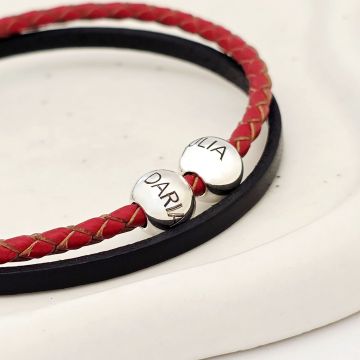 Bratara duo cu 2 straturi piele impletita rosie si neagra & 2 bilute din Argint 925 - Inchizatoare inox