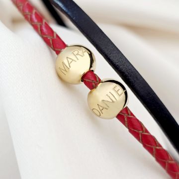 Bratara duo cu 2 straturi piele impletita rosie si neagra & 2 bilute din Argint 925 placat cu Aur Galben 18K - Inchizatoare inox