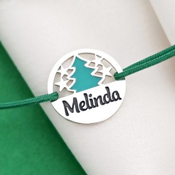 Bratara festiva - Disc cu bradulet colorat si nume personalizat - Argint 925 - Snur reglabil