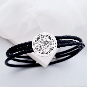 Bratara Iubire transmisa - Banut 20 mm cu amprenta vocala si Qr Code - Argint 925 - Piele impletita