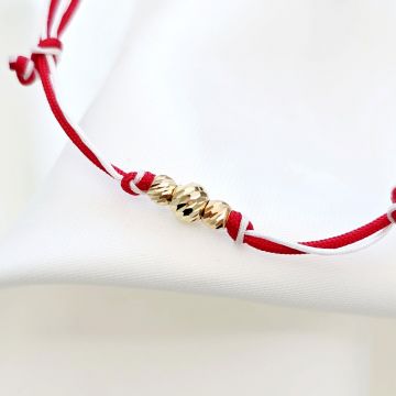 Bratara Martisor - 2 Bilute de 3 mm si 1 de 4 mm din Aur 14K - Snur combinat rosu&alb