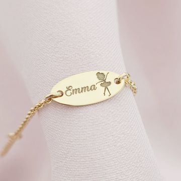 Bratara oval simbol balerina - Nume personalizat - Argint 925 placat cu Aur Galben 18K - Cu lantisor fata/baiat