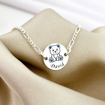 Bratara personalizata - Ursulet cu email albastru - 12 mm - Argint 925 - Cu lantisor fata/baiat
