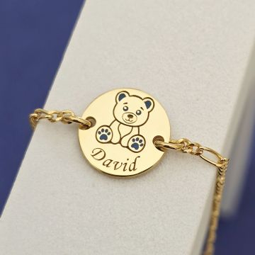 Bratara personalizata - Ursulet cu email albastru - 12 mm - Argint 925 placat cu Aur Galben 18K - Cu lantisor fata/baiat