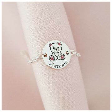 Bratara personalizata - Ursulet cu email roz - 12 mm - Argint 925 - Cu lantisor fata/baiat