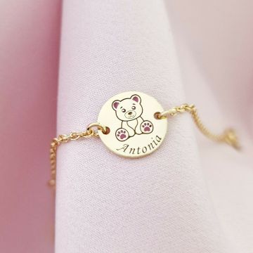 Bratara personalizata - Ursulet cu email roz - 12 mm - Argint 925 placat cu Aur Galben 18K - Cu lantisor fata/baiat