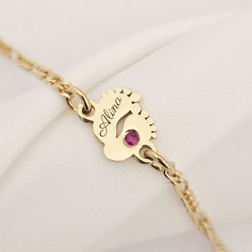 Bratara picioruse - personalizate cu nume si Piatra pretioasa - Argint 925 placat cu Aur Galben 18K - Cu lantisor fata/baiat