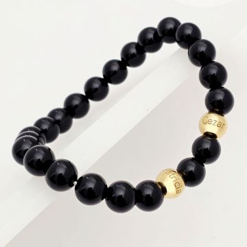 Bratara pietre semipretioase Onix lucios de 8 mm - Bilute din Argint 925 placat cu Aur Galben 18K - Snur elastic