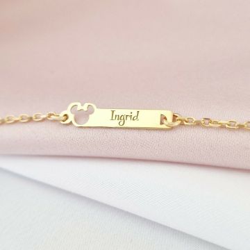 Bratara placuta - Forma soricel cu fundita gravat cu nume personalizat - Argint 925 placat cu Aur Galben 18K - Cu lantisor fata/baiat