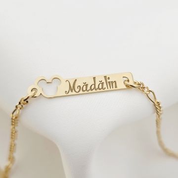 Bratara placuta - Forma soricel gravat cu nume personalizat - Argint 925 placat cu Aur Galben 18K - Cu lantisor fata/baiat