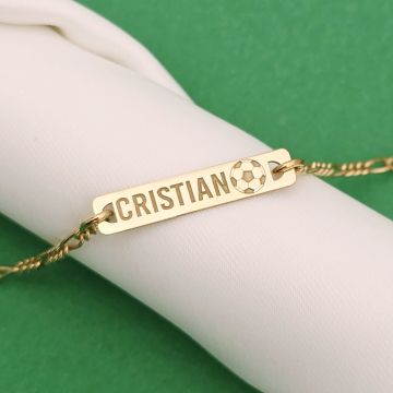 Bratara placuta si minge de fotbal - nume personalizat - Argint 925 placat cu Aur Galben 18K - Cu lantisor fata/baiat