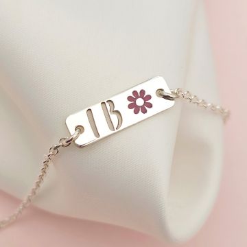 Bratara placuta simbol floare - initiale personalizate - Argint 925- Cu lantisor fata/baiat