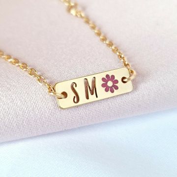 Bratara placuta simbol floare - initiale personalizate - Argint 925 placat cu Aur Galben 18K - Cu lantisor fata/baiat