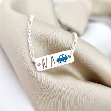 Bratara placuta simbol masinuta - initiale personalizate - Argint 925 - Cu lantisor fata/baiat