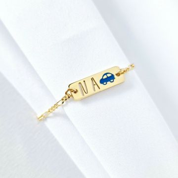 Bratara placuta simbol masinuta - initiale personalizate - Argint 925 placat cu Aur Galben 18K - Cu lantisor fata/baiat