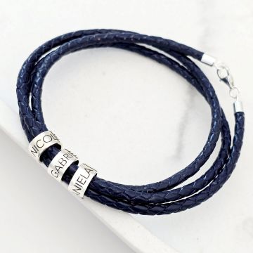 Bratara trio cu piele impletita albastra & 3 elemente cilindrice din Argint 925 - Inchizatoare carabina