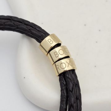 Bratara trio cu piele impletita neagra & 3 elemente cilindrice din Argint 925 placat cu Aur Galben 18K - Inchizatoare carabina