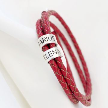 Bratara trio cu piele impletita rosie & 2 elemente cilindrice din Argint 925 - Inchizatoare carabina