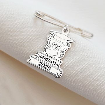 Brosa Ac de Siguranță Bufniță cu Toca și Cărți - Argint 925