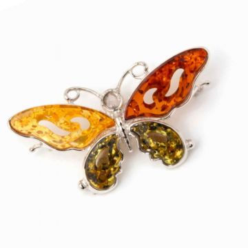 Brosa din chihlimbar forma de fluture multicolor si argint 925 ,   un accent cald de rafinament