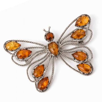 Brosa din chihlimbar forma de fluture si argint 925 ,   adauga caldura si rafinament tinutei tale