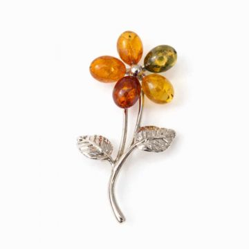 Brosa floare din chihlimbar si argint 925, pentru o nota calda la tinuta