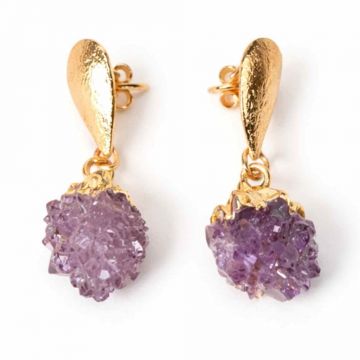 Cercei Aurii cu Ametist Natural Brut ,   Eleganta si Energie Feminina